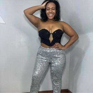 Baddie Silver Sequins Joggers Going Out Party Stretchy Pants Sporty Concert Glam